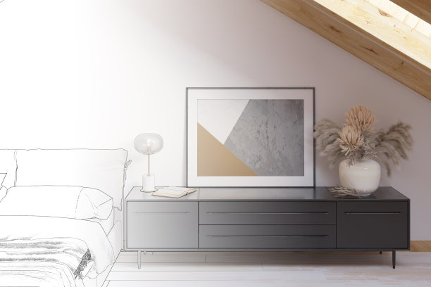 一个草图变成了一个真正的现代阁楼卧室，一个水平海报，干花花瓶，书，在一个黑色的梳妆台旁边的灯，床上有软垫床头板，木地板。图片下载