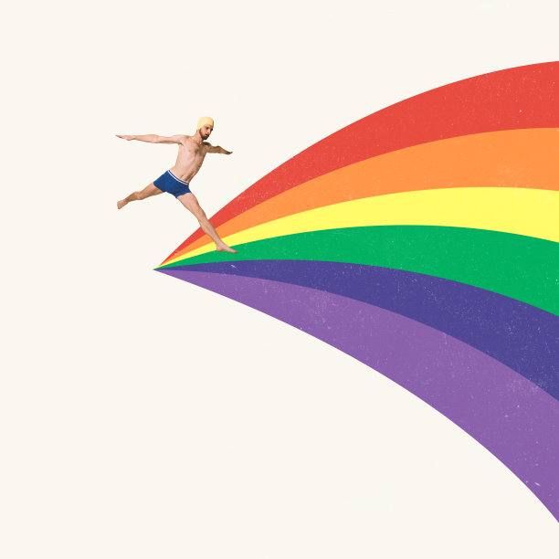 当代艺术拼贴。带泳帽的男子在雨伞上奔跑的创意设计图片下载