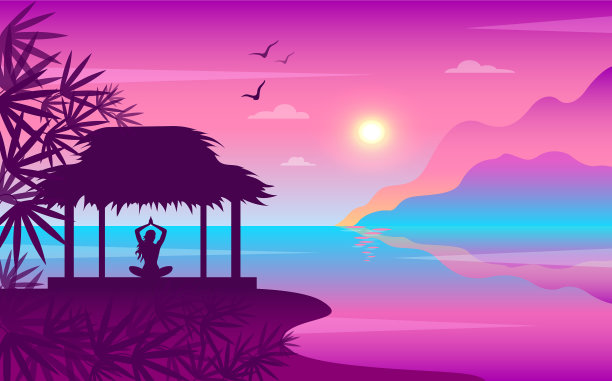 日落风景与一个冥想的女孩图片下载