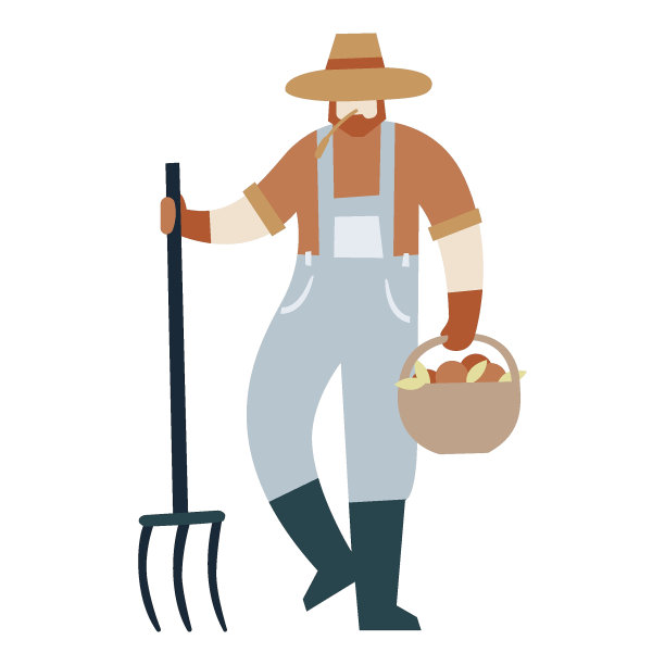 拿着干草叉和篮子的农民。平的卡通艺术。插图孤立在白色背景上。向量图片下载