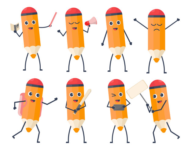 一套卡通铅笔在各种姿势和行动图片下载