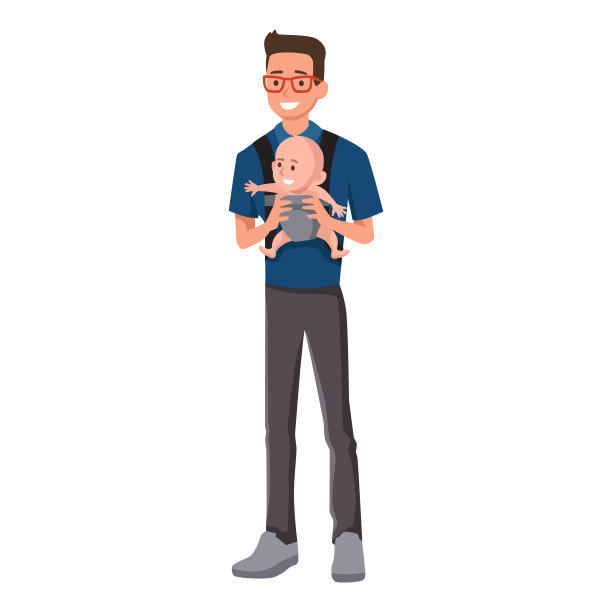 快乐的父亲节。父亲抱着他的孩子，前面有婴儿车。平面向量插图图片下载