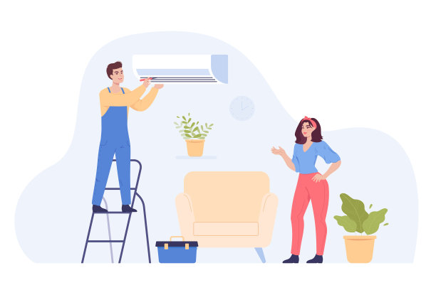 工程师在客厅安装或清洁空调图片下载