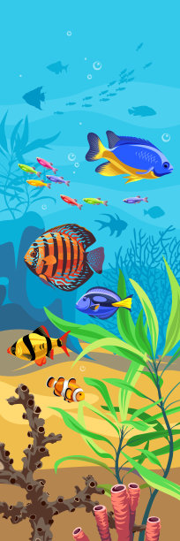 向量的海洋世界。奇异的海景鱼，海藻和珊瑚。水生生态系统。水下生命的插图。图片下载