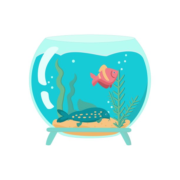 白色背景的鲶鱼和圆盘卡通矢量插图的鱼缸图片下载
