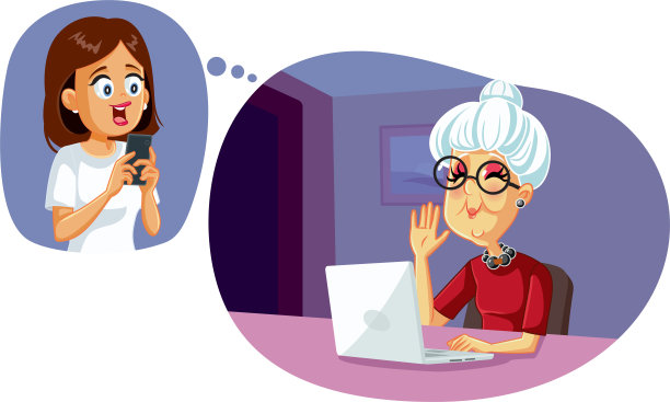与女儿视频通话的老年妇女矢量卡通图片下载