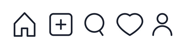 流行媒体设置图标。房子，放大镜，心脏，用户，添加黑色图标。社交媒体的概念图片下载