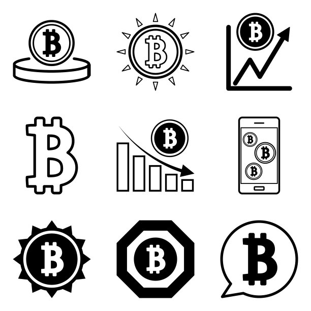 12个扁平风格的比特币图标，白色背景图片下载