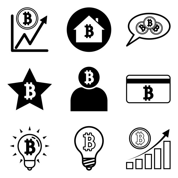 12个扁平风格的比特币图标，白色背景图片下载