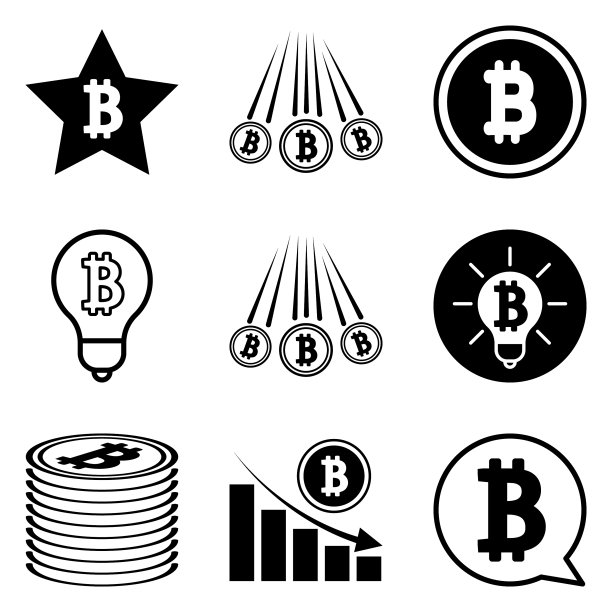 12个扁平风格的比特币图标，白色背景图片下载