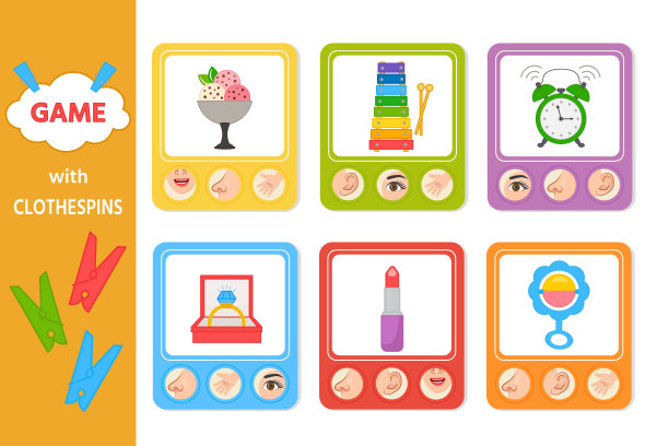 儿童与衣夹的教育游戏。儿童五感匹配游戏。图片下载