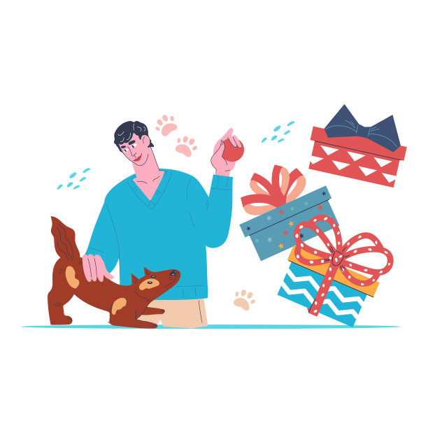 主人收到礼物给他的狗或小狗，平面向量孤立在白色。图片下载