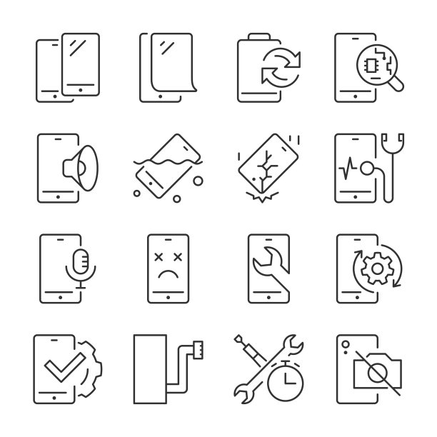 智能手机维修图标设置。诊断和更换手机部件，线性图标收集。线条与可编辑的笔画图片下载