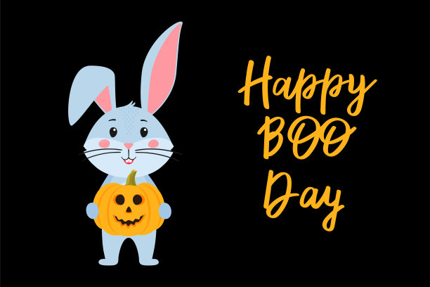 万圣节贺卡模板与可爱的兔子jack'o'灯笼南瓜，根据中国日历的2023年的象征。矢量股票插图与手写文本图片下载