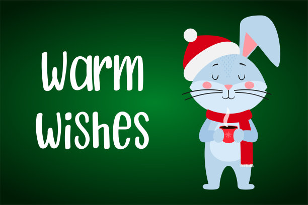 一张印有可爱兔子的明信片模板，兔子在中国日历中是2023年的象征。手写文字“温馨祝福”。矢量插图。图片下载