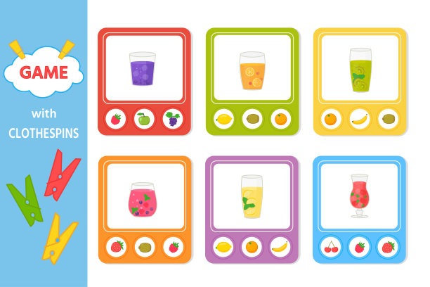 儿童与衣夹的教育游戏。搭配水果和果汁。图片下载