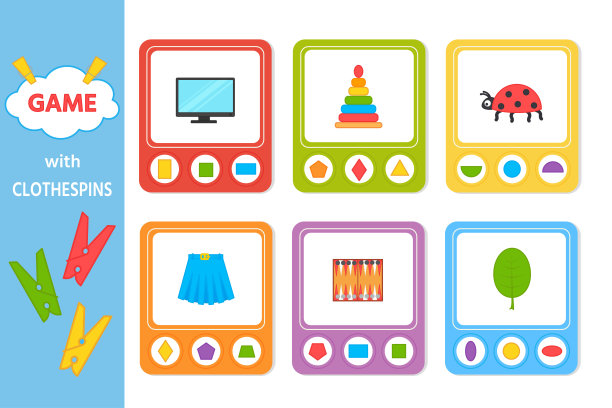 儿童与衣夹的教育游戏。几何形状的匹配。图片下载