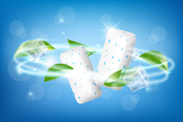 泡泡糖、冰块和薄荷叶。绿叶绿薄荷清新呼吸。嚼口香糖有利于牙齿健康和牙齿卫生。清爽甜美的糖果，孤立在白色背景。现实的三维向量图片下载