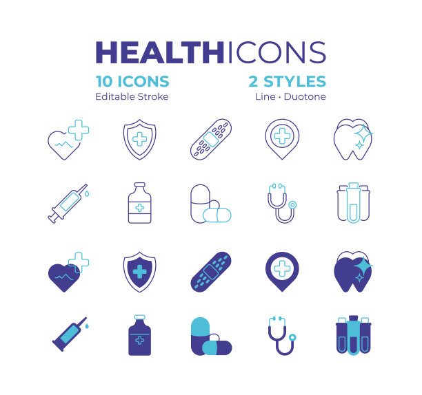 健康图标设置，医疗诊所图标(10个图标，2种样式)图片下载