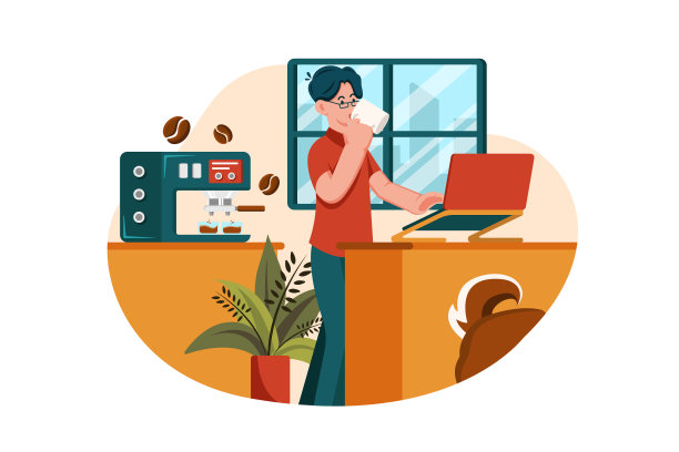 员工在家工作时喝咖啡图片下载