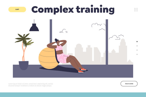 复杂的训练概念，登陆网页与妇女在健身房的橡皮球上做运动图片下载