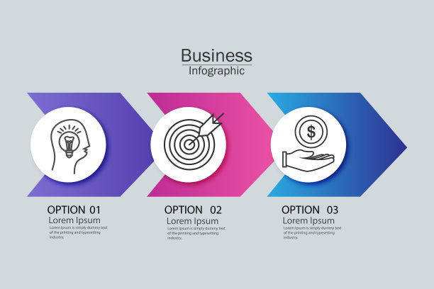 3个连续步骤的箭头商业模式。三个彩色的图形元素。设计宣传册、演示文稿的时间线图片下载