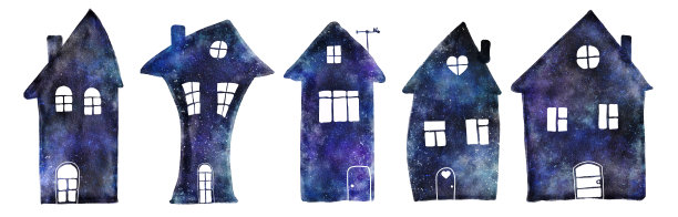 一套水彩房子的轮廓与宇宙的纹理孤立在白色。图片下载