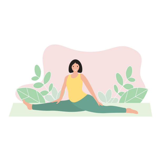 快乐女孩坐在分裂平面矢量插图，平面女性人物在垫子上做瑜伽，身体积极的工作概念平面矢量孤立图片下载