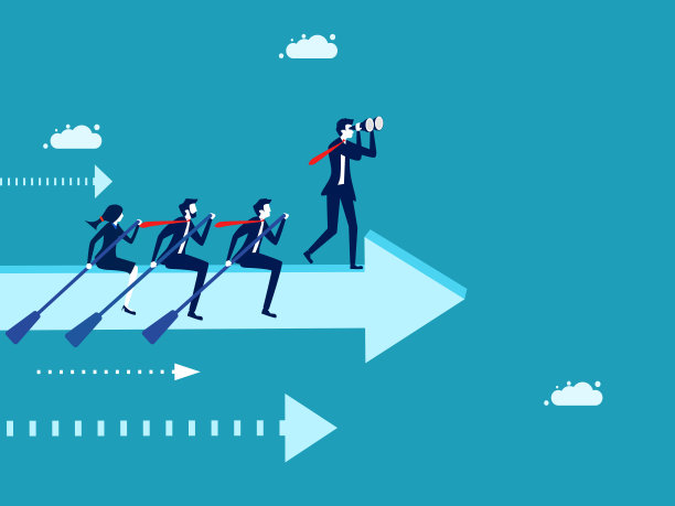 激励公司走向成功。团队工作的商人划船箭头标志图片下载