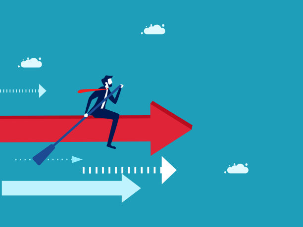 推动公司走向成功。划着箭头船的商人。向量图片下载