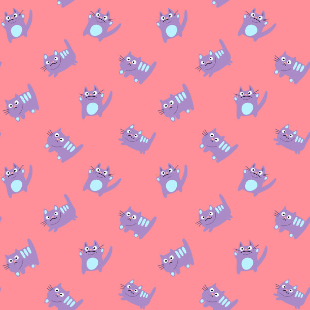 可爱的紫色卡通猫矢量无缝图案和背景的孩子。图片下载