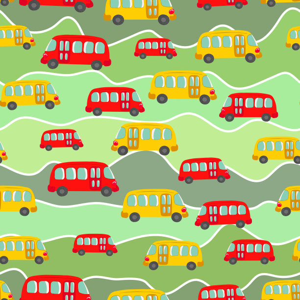 无缝图案可爱的巴士，轿车的颜色背景。Cartoot运输。矢量插图。涂鸦风格。设计婴儿打印，邀请，海报，卡片，织物，纺织品图片下载