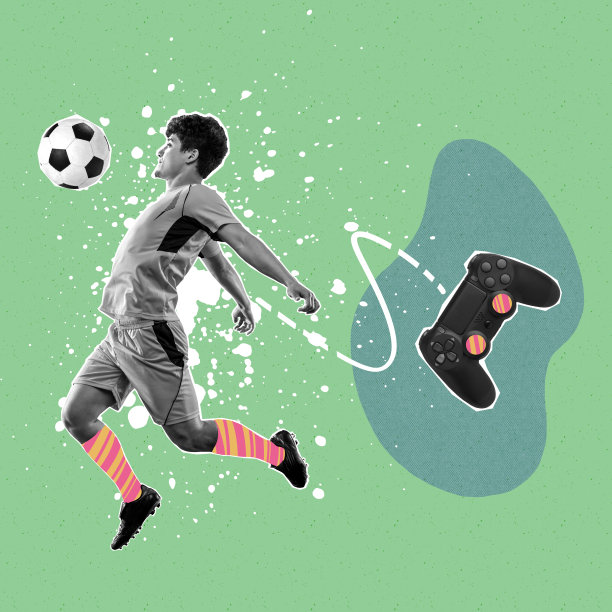 当代艺术拼贴。职业男性足球运动员在运动光背景与图纸。体育、成就、媒体、博彩、新闻、广告图片下载