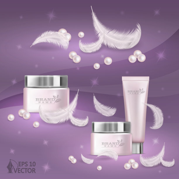 广告套装护肤化妆品，软粉色包装霜装饰珍珠和空气羽毛，三维现实矢量插图图片下载