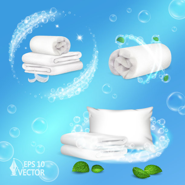 白色背景的毛巾和枕头。洗衣，水晶清洁亚麻薄荷叶，霜清新。三维逼真矢量插图图片下载