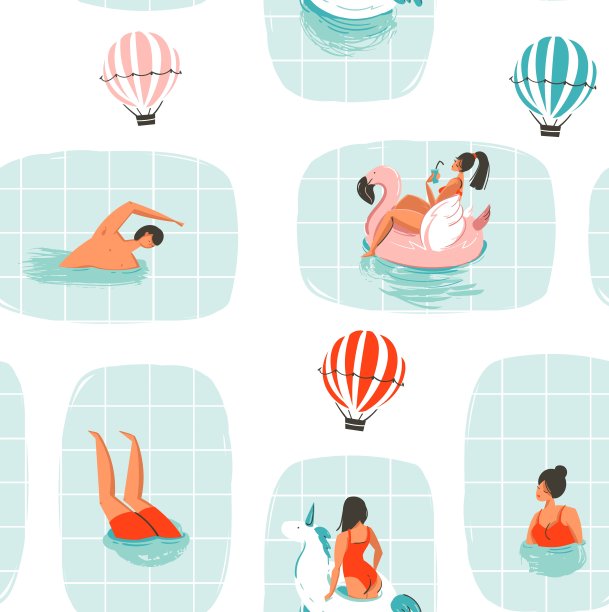 手绘矢量抽象卡通夏日时光乐趣插画无缝图案游泳的人在游泳池与热气球隔离在白色背景图片下载