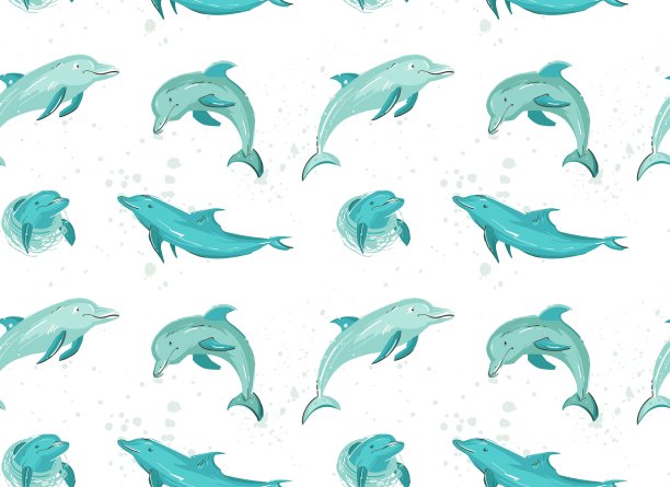 手绘矢量卡通夏季时间无缝图案跳跃海豚在白色背景上孤立的蓝色颜色。图片下载