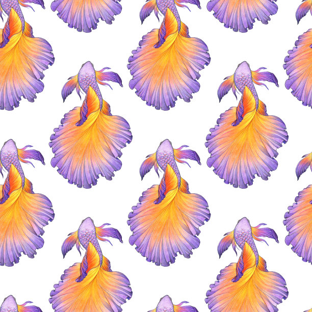 斗鱼无缝图案。手绘插图。战斗的鱼。紫色和金色的鱼。彩色草图。彩色铅笔画画。图片下载