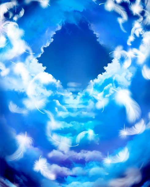 神秘的云楼梯通向天堂的插图，神圣的光从天堂闪耀，天使的翅膀跳舞图片下载