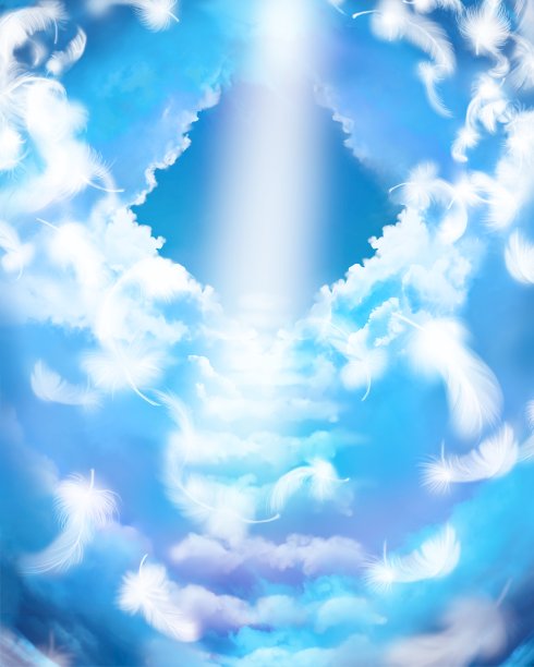 神秘的云楼梯通向天堂的插图，神圣的光从天堂闪耀，天使的翅膀跳舞图片下载