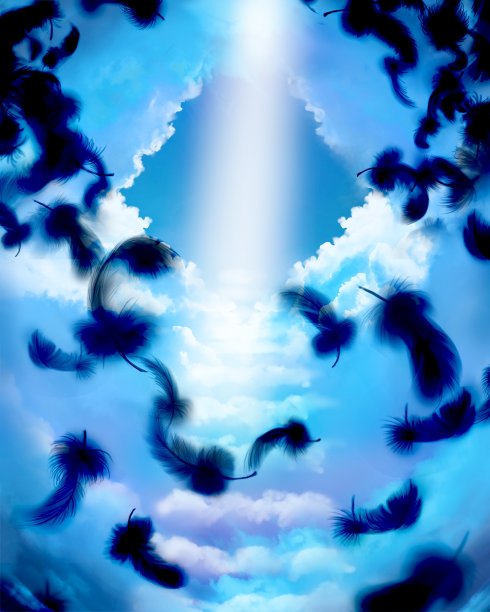 神秘的云楼梯通向天堂的插图，神圣的光从天堂闪耀，天使的翅膀跳舞图片下载