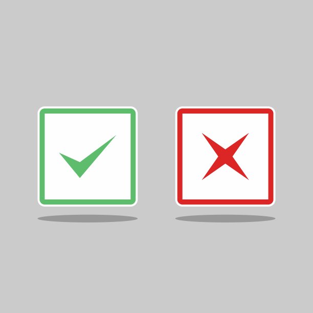 检查和错误标记，勾选和交叉标记，接受/拒绝，批准/不批准，是/否，对/错，绿色/红色，正确/错误，Ok/不Ok -矢量标记符号，绿色和红色。孤立的图标。图片下载