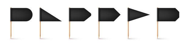 现实的各种牙签旗。木制牙签配黑色纸旗。位置标记，地图指针。广告和促销的空白模型。矢量图图片下载