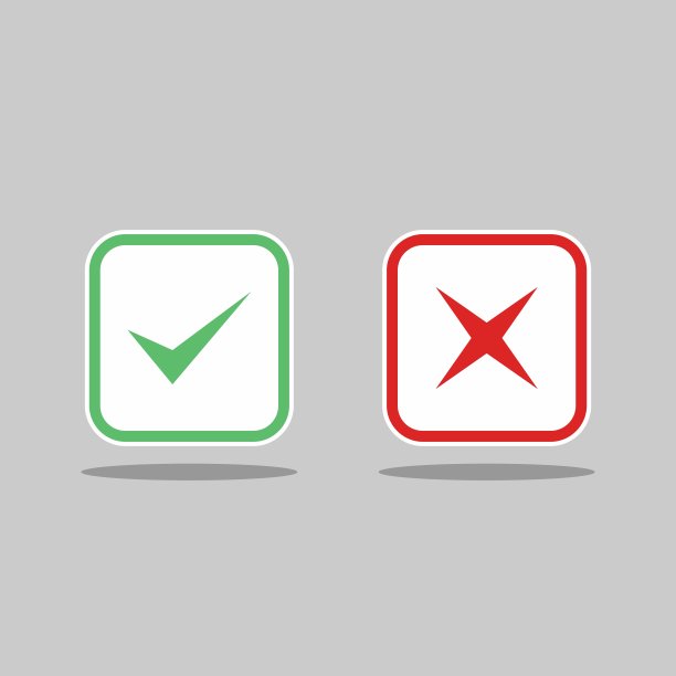 检查和错误标记，勾选和交叉标记，接受/拒绝，批准/不批准，是/否，对/错，绿色/红色，正确/错误，Ok/不Ok -矢量标记符号，绿色和红色。孤立的图标。图片下载