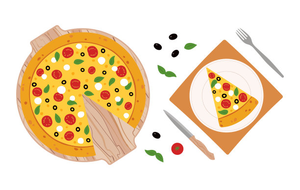 新鲜美味的披萨配上番茄、罗勒、橄榄和马苏里拉奶酪。矢量插图的披萨在一个木制的盘子，一片披萨在一个盘子与叉子和刀。食物,俯视图。集合中的元素被隔离在白色背景中。图片下载