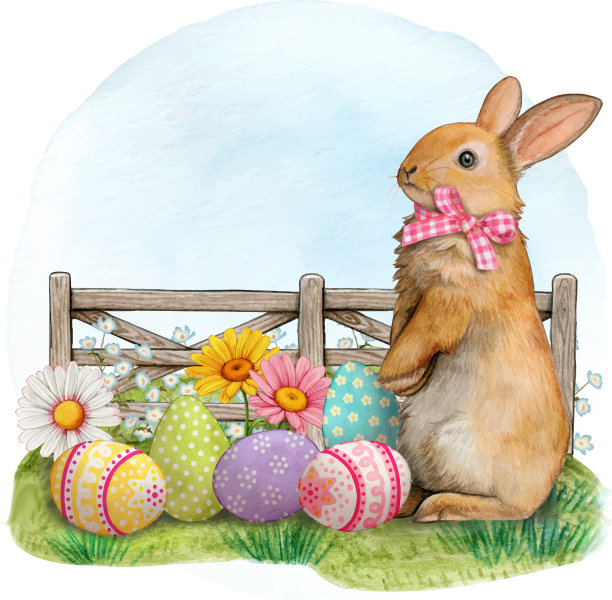 水彩复活节兔子在乡下与图片下载