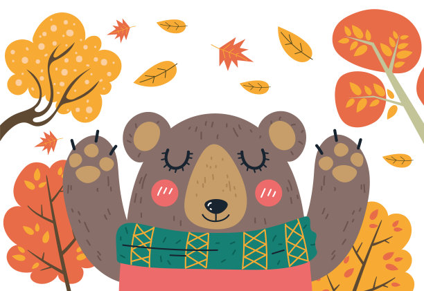 可爱的小熊人物行走在温暖的秋林绒衣概念中。平面设计元素插画图片下载