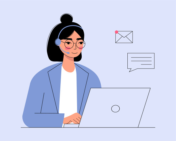 带着耳机和麦克风的笔记本电脑的女人。在线客户支持和服务台概念。图片下载