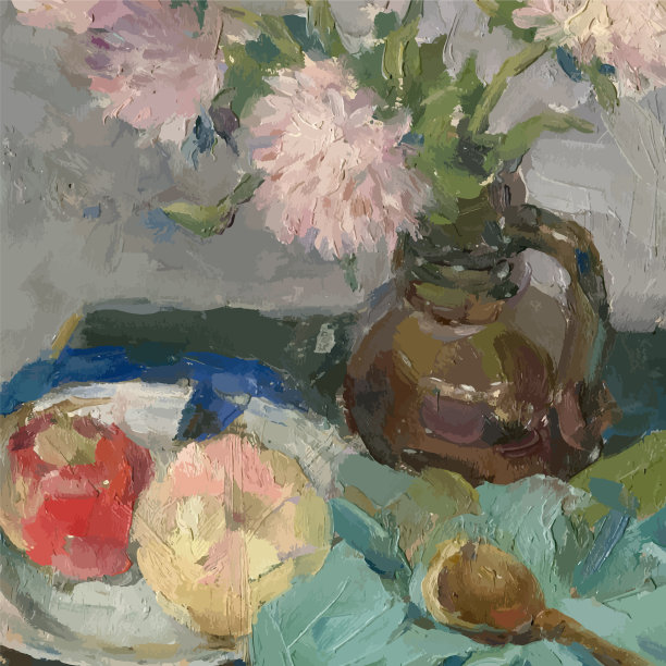 油画静物与花束粉红色牡丹图片下载