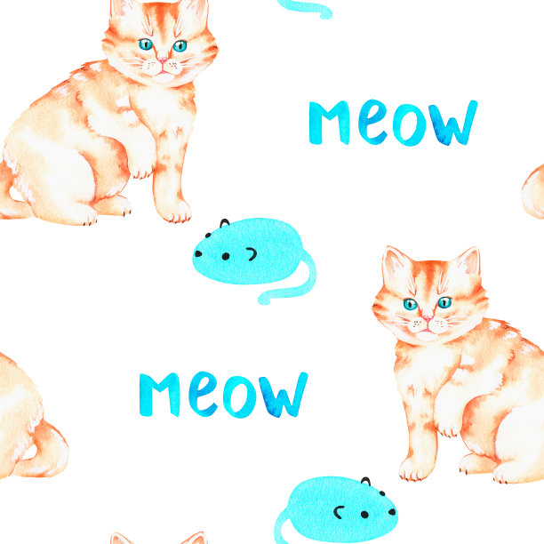 一只红色的猫和一只老鼠。无缝模式。水彩插图。孤立在白色背景上。图片下载